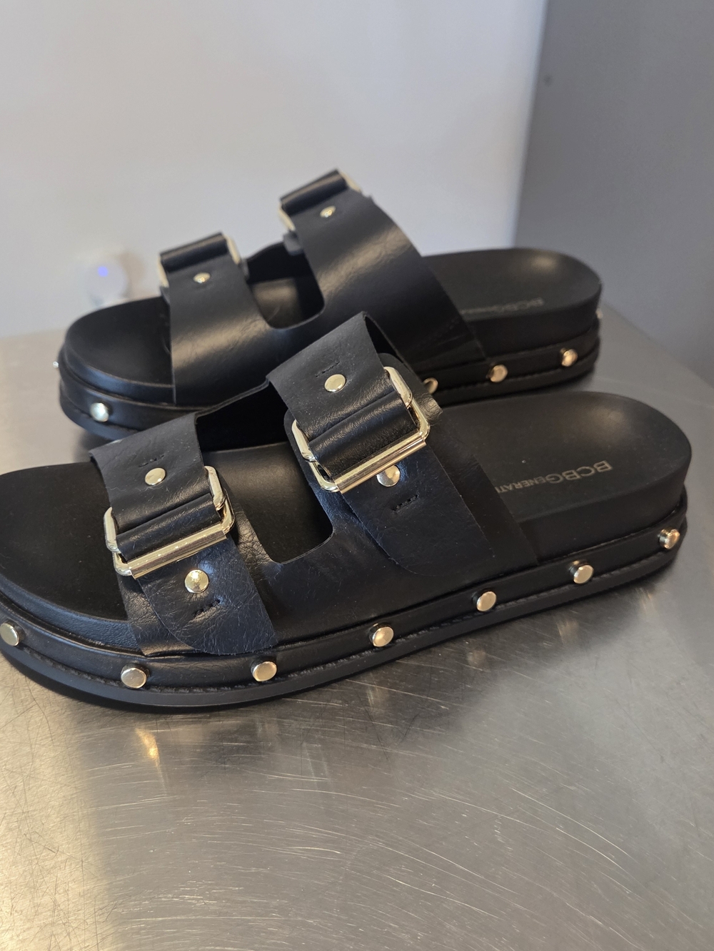 NWOT Black Studded Slides By BCBG